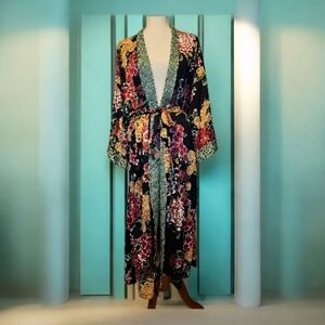 Natori Kimono Robe Floral Satin Belted Size Large